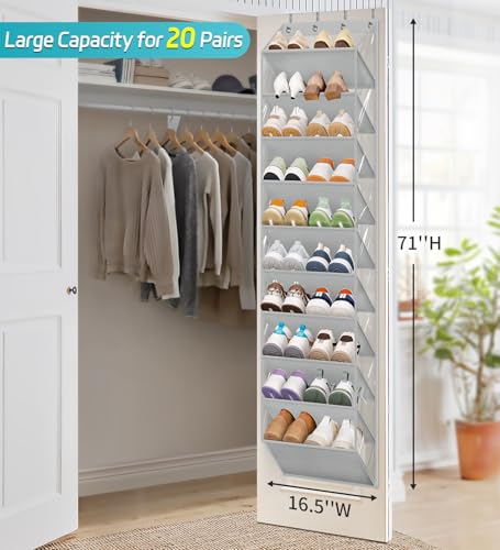 AOODA 10 Tier Clear Over the Door Shoe Organizer Storage, Deep Pockets Large Hanging Shoe Rack for Closet Door, Fit 20 Pairs Shoe Holder Hanger for Boots (Grey) - color: Grey, size: 71"