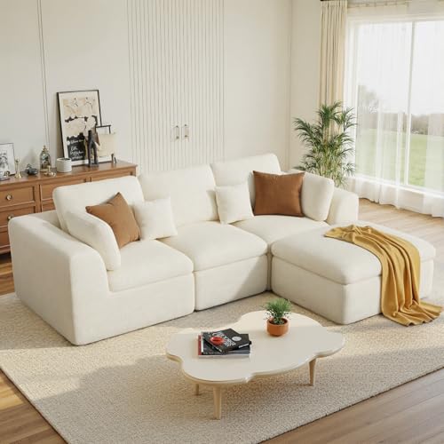 Luxanimarion 115" Cloud Boneless Sectional Couch, Deep Seat L Shaped Modular Couch with Ottoman, Oversized Upholstered Convertible 4 Seater Modular Sofa for Living Room,Black Chenille - color: Beige, size: 3 Seater + 1 Ottoman