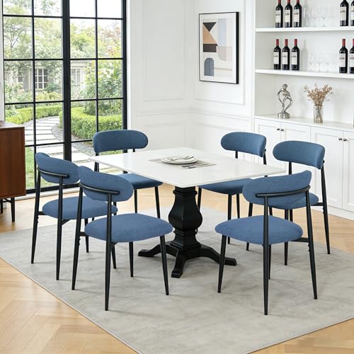 FREKEN Modern Upholstered Dining Chairs Set of 6, Mid-Century Metal Frame Linen Fabric Side Chair for Kitchen Dining Room, 350lbs Capacity, Blue - color: Blue - Black Legs, size: Set of 6