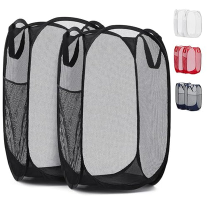 Handy Laundry Collapsible Mesh Pop Up Hamper with Wide Opening and Side Pocket - Breathable, Sturdy, Foldable, and Space-Saving Design for Clothes and Storage (Black | 2-Pack) - color: Black, 2-PACK
