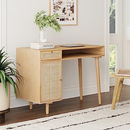 Nathan James Aaron Modern Desk with Storage, Natural Rattan Table with Square Webbing and Gold Accent Knobs, Natural Brown - color: Natural Brown