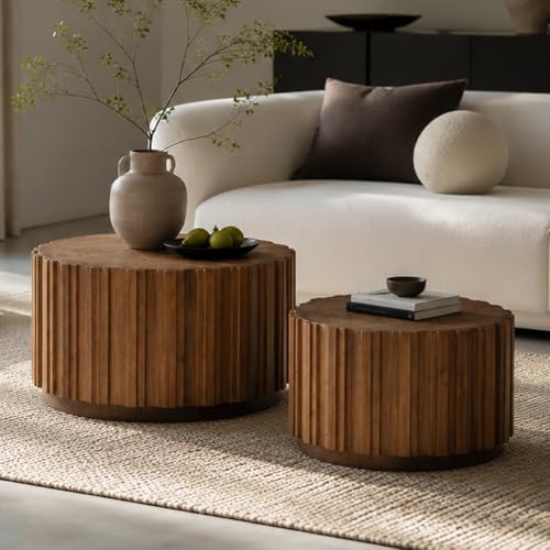 WILLIAMPSACE Round Nesting Coffee Table Set of 2, Rustic Farmhouse Wooden Drum Center Tables with Vertical Slatted Body, Tea Table for Living Room Apartment, No Assembly (19.7"+27.5", Walnut) - color: 19.7"+27.5", Walnut