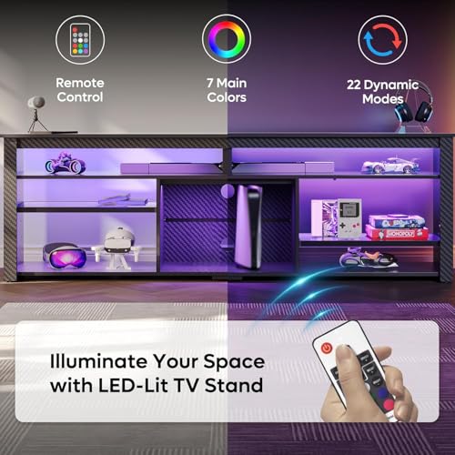 Bestier Modern LED TV Stand, 75" Gaming Media Console, Carbon Fiber Black - color: Black Carbon Fiber, size: 70 inch
