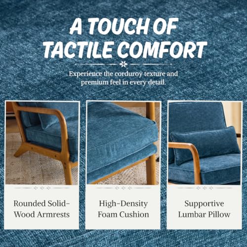 Karl home Mid-Century Modern Accent Reading Chair, Blue | Chenille Upholstered, Solid Wood Frame, Soft Cushion, Lumbar Pillow, Lounge Armchair for Living Room, Bedroom, Balcony, Study - color: Chenille Blue