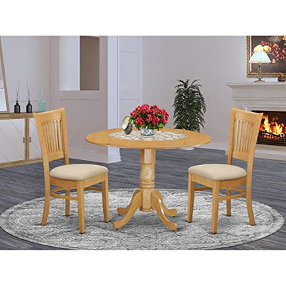 East West Furniture DLVA3-OAK-C 3 Piece Dining Set Contains a Round Dining Room Table with Dropleaf and 2 Linen Fabric Upholstered Chairs, 42x42 Inch, Oak - color: Dlva3-oak-c