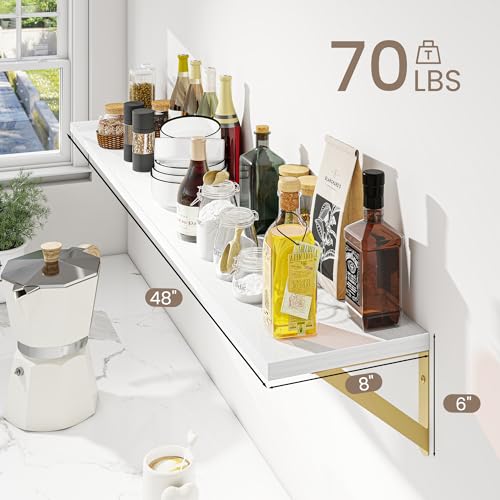 Dreamland Wall Mounted Floating Shelves Set of 2, 48x8, White&Gold | Engineered Wood, Visible Bracket, Large Storage, Hold Up to 70lbs, Living Room, Bathroom, Bedroom, Kitchen - color: White&gold, size: 48"W x 8"D