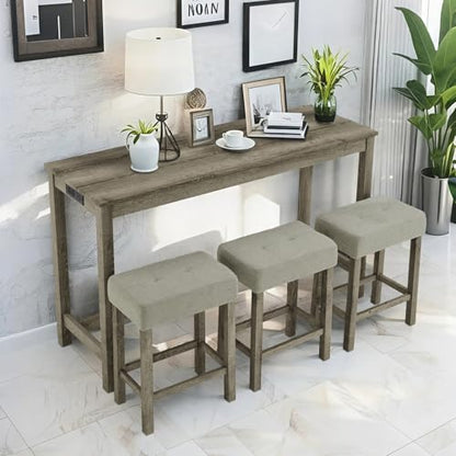 59" Industrial 4 Piece Bar Table Set with Built-in Power Outlet, Behind Couch Sofa Table with 3 Linen Upholstered Stools, Bar Table and Chairs Set for Living Room, Dining Room, Lounge, Brown - color: R2-brown