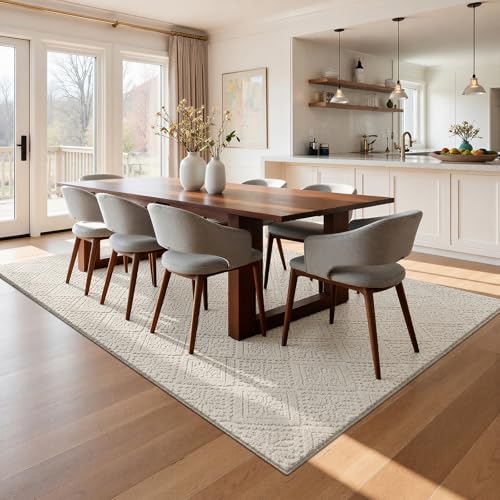 U'Artlines 5x7 Beige Washable Area Rug for Living Room | Soft Fluffy, High Low Textured Carpet, Modern Neutral, Geometric, Non Slip Rugs for Bedroom, Dining Room, Kids Room - size: 5 x 7ft
