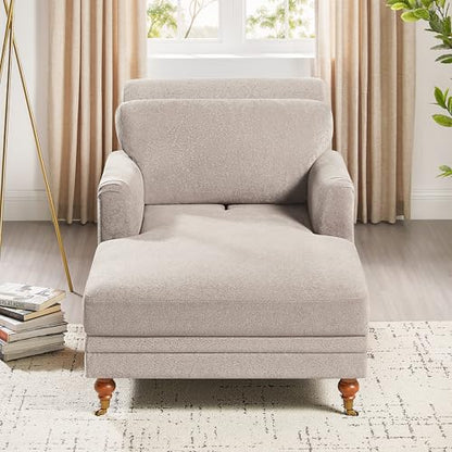 57.48'' Chaise Lounge Chair with Adjustable Backrest, Terry Camel | Chaise Lounge Chair Indoor, Modern Chaise Lounge Couch, Upholstered Leisure Recliner for Living Room, Apartment, Bedroom - color: Camel Terry