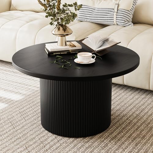MAISONARIA Black Round Coffee Table with Metal Frame, 35.4" Coffee Tables for Living Room, Circle Wood Accent Center Table for Apartment - color: Black