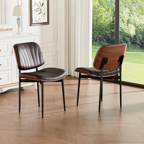 Dining Chairs Set of 2, Mid-Century Modern Upholstered PU Leather Chairs | with Walnut Bentwood Back and Metal Legs Adjustable Feet for Kitchen Dining Room, Dark Brown Shell Strips - color: Dark Brown Shell Strips