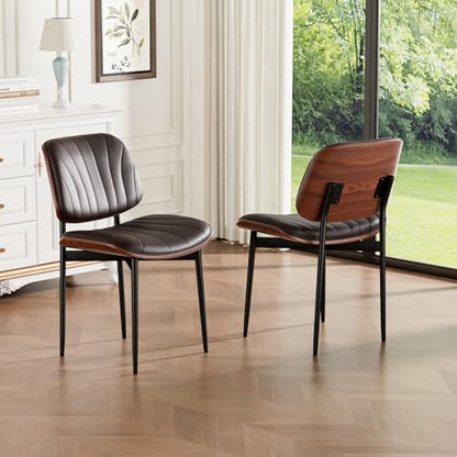 Dining Chairs Set of 2, Mid-Century Modern Upholstered PU Leather Chairs | with Walnut Bentwood Back and Metal Legs Adjustable Feet for Kitchen Dining Room, Dark Brown Shell Strips - color: Dark Brown Shell Strips