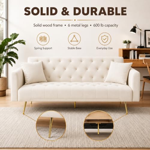 Anwick 72''Modern Velvet Sofa Bed Futon,Convertible Folding Sleeper Couches with 3 Adjustable Backrests,Tufted Recliner Loveseat with Golden Chrome Legs for Living Room Apartment Office (Beige) - color: Beige