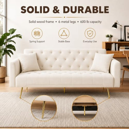Anwick 72''Modern Velvet Sofa Bed Futon,Convertible Folding Sleeper Couches with 3 Adjustable Backrests,Tufted Recliner Loveseat with Golden Chrome Legs for Living Room Apartment Office (Beige) - color: Beige