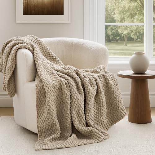 EVERGRACEHOME Chunky Chenille Knit Throw Blanket, 50 x 60, Sand Dune | Sculpted Moss Stitch, Chic Modern Farmhouse, All-Season Warmth, OEKO-TEX® Certified, Elegant Blanket for Couch, Bed, Sofa - color: Sand Dune, size: 50" X 60"