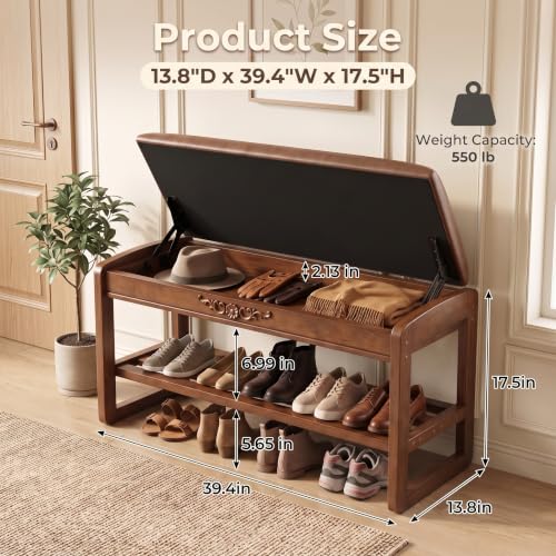 Shoe Storage Bench Shoe Rack Bench with Storage 2 Tier Wooden Shoe Rack | Solid wood shoe bench flip-top storage cushioned seat weight capacity of 550 lb side hooks walnut finish 39.4" W - size: 39.4"