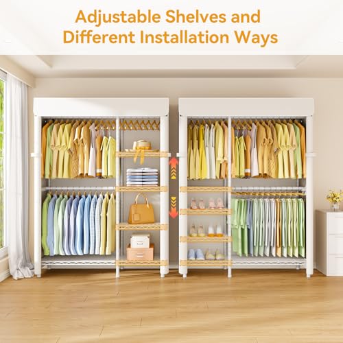 F2C Clothes Rack with Cover, White Closet with Beige Cover | Heavy Duty Clothing Racks with Shelves for Hanging Clothes, Portable Garment Rack, 47.2"W x 16.5"D x 78.3"H, Load 630lbs - color: White Closet with Beige Cover