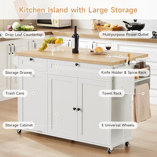 60" Kitchen Island with Power Outlet & Drop Leaf, Rolling Island with Spice Rack & Towel Rack, Kitchen Island Cart with Trash Storage Cabinet, Island Table for Kitchen, White - color: White