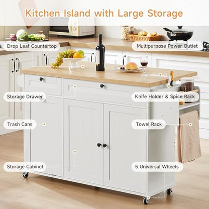 60" Kitchen Island with Power Outlet & Drop Leaf, Rolling Island with Spice Rack & Towel Rack, Kitchen Island Cart with Trash Storage Cabinet, Island Table for Kitchen, White - color: White
