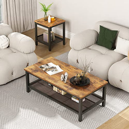 3 Pieces Living Room Table Set, Industrial Coffee Table with 2 Square End Side Tables, Coffee Table Set with Metal Frame for Apartment Home Office, Rustic Brown - color: Rustic Brown