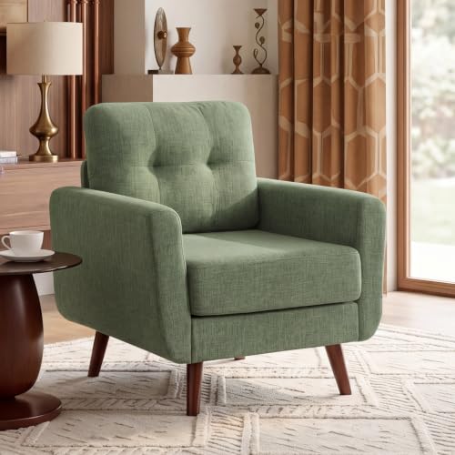 Tbfit Linen Fabric Single Sofa, Accent Chair, Mid Century Modern Armchair for Living Room, Bedroom Button Tufted Upholstered Comfy Reading Sofas, Green - color: Green, size: Single