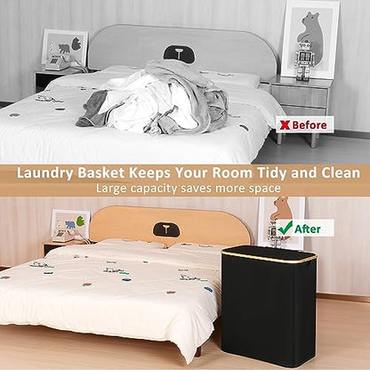 IEGrow Laundry Hamper with Lid,150L Laundry Basket with 2 Mesh Bags,Black | Dirty Clothes Hamper Basket with Bamboo Handle for Clothes Towels - color: Black, size: 150L