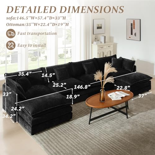 137" Chenille U Shaped Modular Sofa with Ottoman,Black | Randomly Assemble Modular Sofa Sets, Modern Recliner Deep Seat Sofa Set for Living Room,Office - color: Black, size: 4S+2O