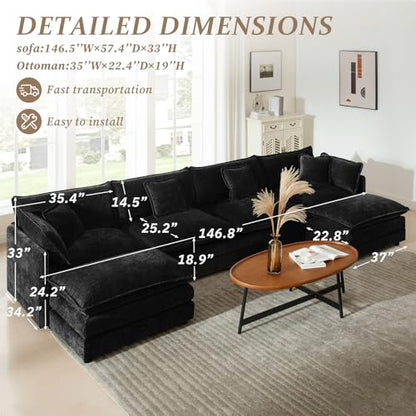 137" Chenille U Shaped Modular Sofa with Ottoman,Black | Randomly Assemble Modular Sofa Sets, Modern Recliner Deep Seat Sofa Set for Living Room,Office - color: Black, size: 4S+2O
