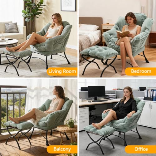 Lazy Chair with Ottoman, Modern Skinny Lounge Chair with Footrest | Foldable Footrest, Padded & Backrest with Side Pocket, Comfy Accent Reading Chair for Living Room & Small Spaces, Green - color: Light Green