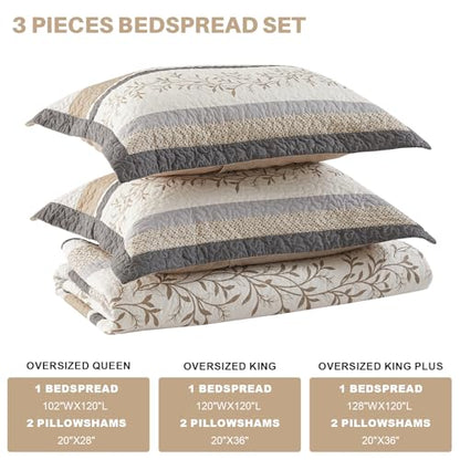 Oversized King Bedspreads 120x120, Reversible XL Bed Spread | 100% Cotton Extra Large Quilt Comforter, Farmhouse Botanical Pattern, Lightweight Bedding Set with 2 Shams, Khaki/Beige - color: Khaki/Beige/Gray, size: Oversized King(120"x120")