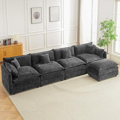 Modular Sectional Sofa, 147.2 Inch L Shaped Couch Set with Armrests, 4-Seater Comfy Cloud Couches with Movable Ottoman for Living Room Apartment, Grey - color: Grey, size: 147.2'' - L Shape