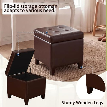 Storage Ottoman, 17" Fuax Leather Square Tufted Footrest Stool with Hinged Lid & Wooden Legs, Extra Seat or Coffee Table for Living Room, Bedroom, Entryway, Tan Brown - color: Tan Brown Leather