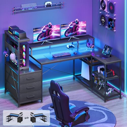 L Shaped Gaming Desk with Drawers & Storage Shelves for Game, Home Office | Corner Gaming Desk with Power Outlets & LED Light, Reversible Computer Desk with Monitor Stand & Hooks - color: Black