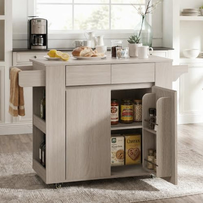 51'' Mobile Kitchen Island with Drop Leaf, Rolling Kitchen Cart with Drawrs & Storage Cabinet on Wheels, Portable Island Table with Spice Rack & Towel Rack for Dining Room, White Oak Gray