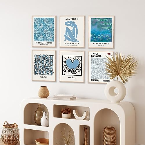 Matisse Wall Art Prints Set of 6, Abstract Blue Matisse Wall Art Exhibition Posters, Modern Blue Matisse Print William Morris Painting Yayoi Kusama Poster Claude Monet Prints, Boho Canvas Art Prints - color: Blue Matisse Wall Art, size: 8x10 inch