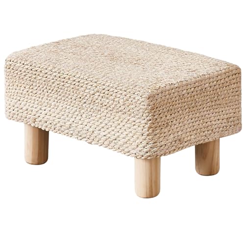 Wimarsbon Natural Seagrass Footstool Ottoman Rectangular Footrest Pouf Ottomans with Wooden Legs Hand Weave Step Stool for Living Room Bedroom Entryway Natural White - color: Natural White, size: 12"D x 16.5"W x 9.5"H