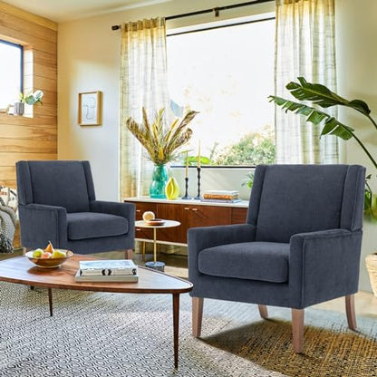 COLAMY Modern Wingback Living Room Chair Set of 2, Upholstered Fabric Accent Armchair, Single Sofa Chair with Lounge Seat and Wood Legs for Bedroom/Office/Reading Spaces, Blue - color: Blue, size: Set of 2