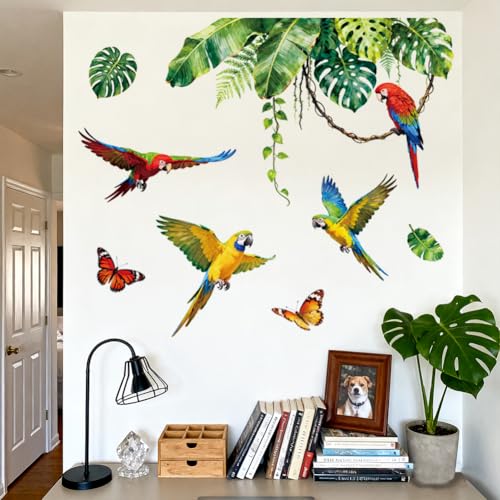 Tropical Parrot and Monstera Wall Decals, Wall Stickers Decor | 2 Sheets 11.8"x37.8" Vinyl Removable Peel and Stick Murals, Plant Decor for Bedroom, Bathroom, Office, Classroom & Home - style: Tropical Parrot and Monstera