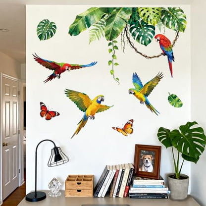 Tropical Parrot and Monstera Wall Decals, Wall Stickers Decor | 2 Sheets 11.8"x37.8" Vinyl Removable Peel and Stick Murals, Plant Decor for Bedroom, Bathroom, Office, Classroom & Home - style: Tropical Parrot and Monstera