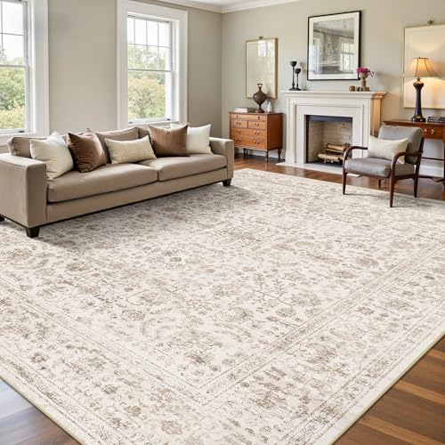8x10 Area Rugs for Living Room, Washable Vintage Retro Floral Rug, Low Pile Non Slip Distressed Large Carpet for Bedroom, Dining Room, Office, Home (Light Brown) - color: C-light Brown, size: 8' x 10' (Rectangular)