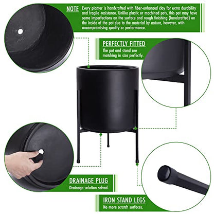 D'vine Dev Cylinder Planter Pot with Metal Stand, Black, 12 in, 96-T-B-3 | Durable Fiberclay Construction, Sleek Modern Design, Heavy-Duty Iron Stand, Drainage Hole & Saucer, Elegant Indoor Display - color: Black, size: Large 12 Inch