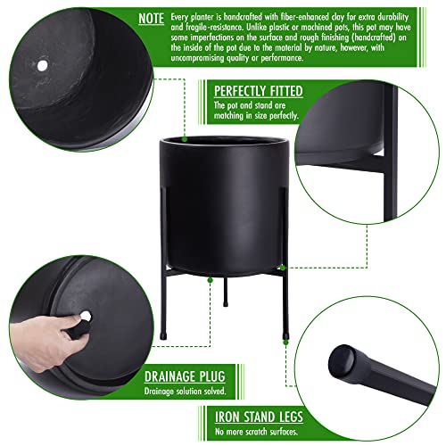 D'vine Dev Cylinder Planter Pot with Metal Stand, Black, 12 in, 96-T-B-3 | Durable Fiberclay Construction, Sleek Modern Design, Heavy-Duty Iron Stand, Drainage Hole & Saucer, Elegant Indoor Display - color: Black, size: Large 12 Inch