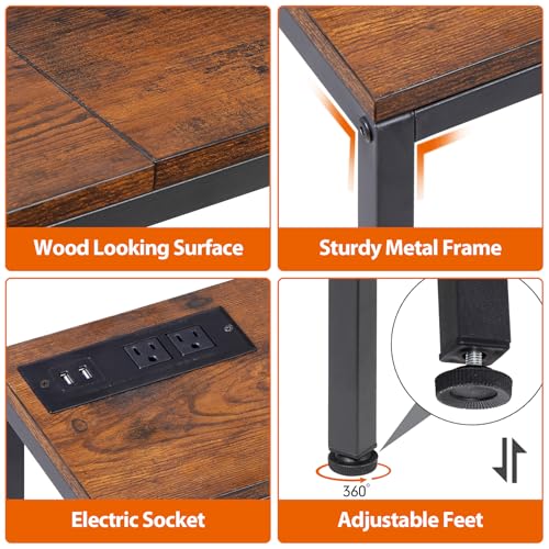 Nouva 70 Inch Narrow Console Table with Outlet, Sofa Table with Charging Station, Behind Couch Table with Metal Frame for Living Room, Rustic Brown