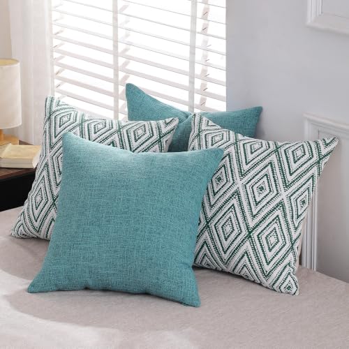 HPUK Throw Pillow Covers 18x18, Set of 4, Aqua Blue Couch Pillow Covers | Polyester fabric, patterned and solid designs, hidden zippers, machine washable, for sofas and beds, inserts not included - color: Aqua, size: 18" x 18" (Pack of 4)