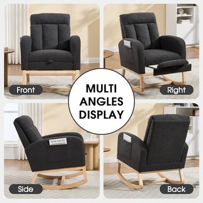 Rocking Chair Nursing, Rocker Chair with Footrest (Dark Grey) | Teddy Boucle Upholstered Accent Reading Chair with High Back & Side Pocket for Living Room Bedroom Nursery Office - color: Dark Grey
