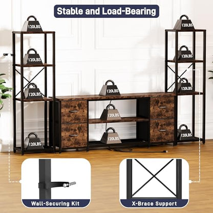 LED TV Stand Bookshelf Combo with Charging Station for 65 60 55 Inch TV, Entertainment Center with Lights & Drawers, Industrial Media TV Console Table for Living Room Bedroom Office, Rustic Brown - color: Rustic Brown