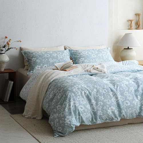 LEMIROE Vintage Cotton Comforter Twin Size 2Pcs - Soft Aqua Blue Floral Front & Airy White Botanical Reverse, Down-Alternative Fill, Neutral Lightweight Bedding Set(68"×90") - color: Morning Mist Florals - Muted Aqua Blue & Soft White, size: Twin/Twin XL(