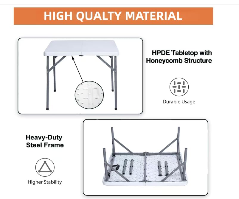 34" Square Folding Table Fold-in-Half Utility Dining Portable Table Heavy Duty HDPE with Carrying Handle, Plastic Tables for Camping,Picnic, Office, Party,Card Table (White) - color: 34"- White(square)
