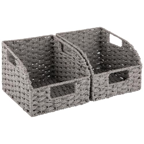 OIAHOMY Pantry Baskets for Organizing, Paper Rope Baskets with Built-in Handles, Wicker Storage Bins for Shelves, 2 Pack-Grey - color: Grey