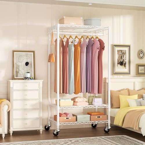 Rolling Clothes Rack, Clothing Racks for Hanging Clothes, White | P6 Heavy Duty Garment Rack with Wheels, 3 Tier Freestanding Portable Closet Rack with Shelves, 35.5 In Wide, Max Load 380 LBS - color: White, size: P6